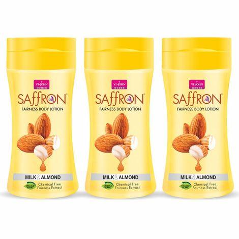 vi - john women milk almond skin -ageing non greasy chemical free fairness extract saffron fairness body lotion enriched with vitamin e, moisturizes skin upto 48 hour(pack of 3,250 ml each)