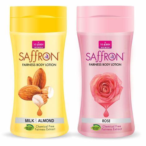 vi - john women rose and milk almond skin -ageing non greasy chemical free fairness extract saffron fairness body lotion enriched with vitamin e, moisturizes skin upto 48 hour(pack of 2,250 ml each)