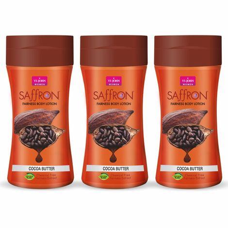 vi - john women cocoa butter skin -ageing non greasy chemical free fairness extract saffron fairness body lotion enriched with vitamin e, moisturizes skin upto 48 hour(pack of 3,250 ml each)