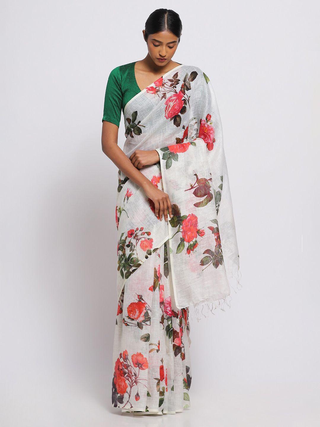 via east floral printed pure linen saree