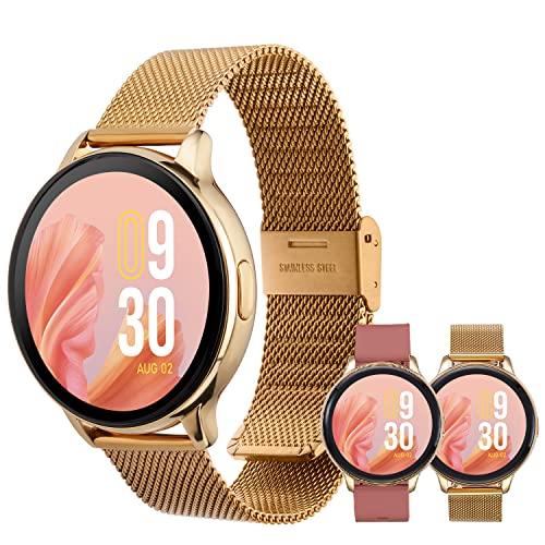 vibez by lifelong premium luxury smartwatch for women with metal strap & hd display, bt calling, multiple watch faces, health tracker, sports modes & free silicone strap smart watch (emerald, gold)