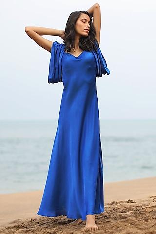 vibrant blue satin dress