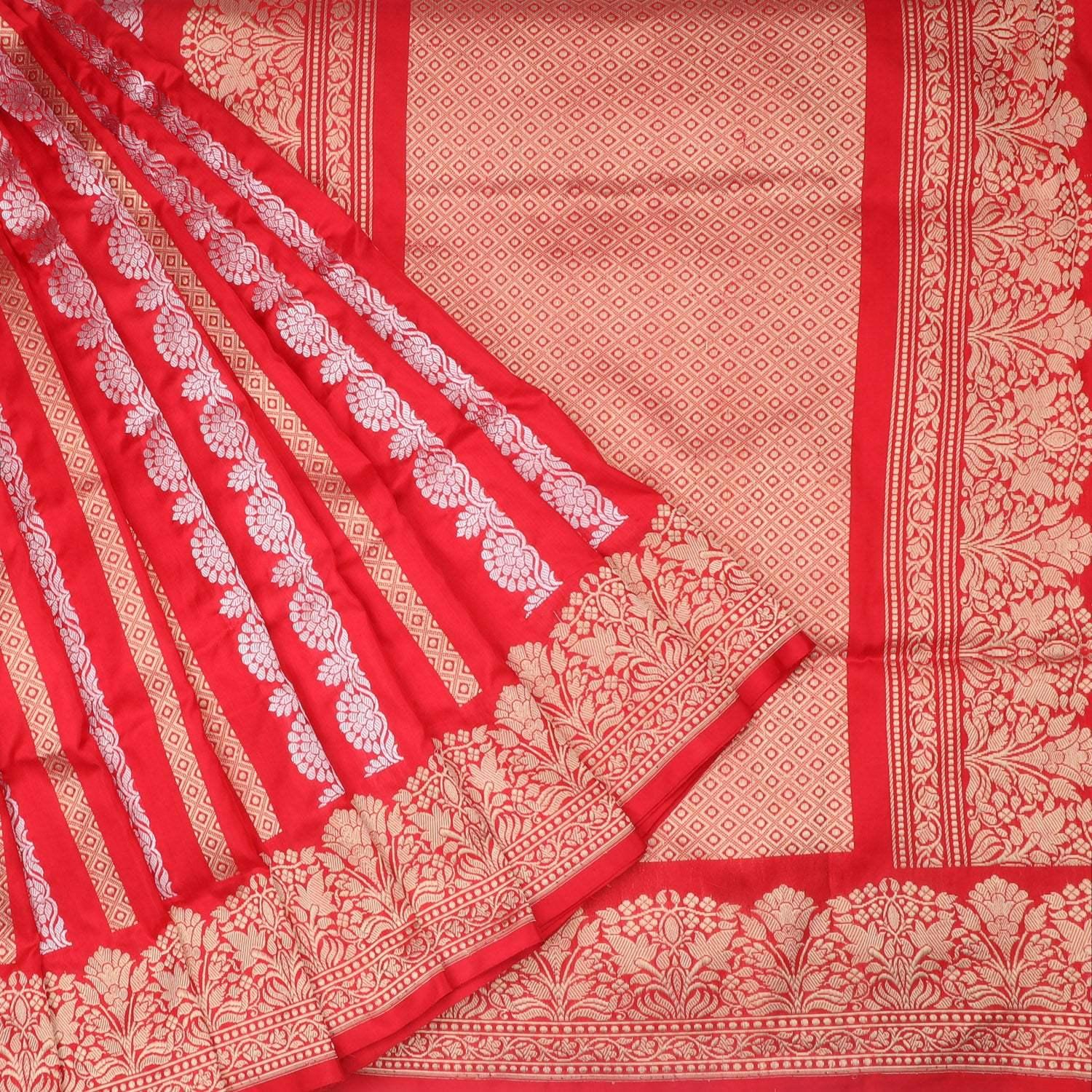 vibrant red banarasi silk saree with floral stripes pattern