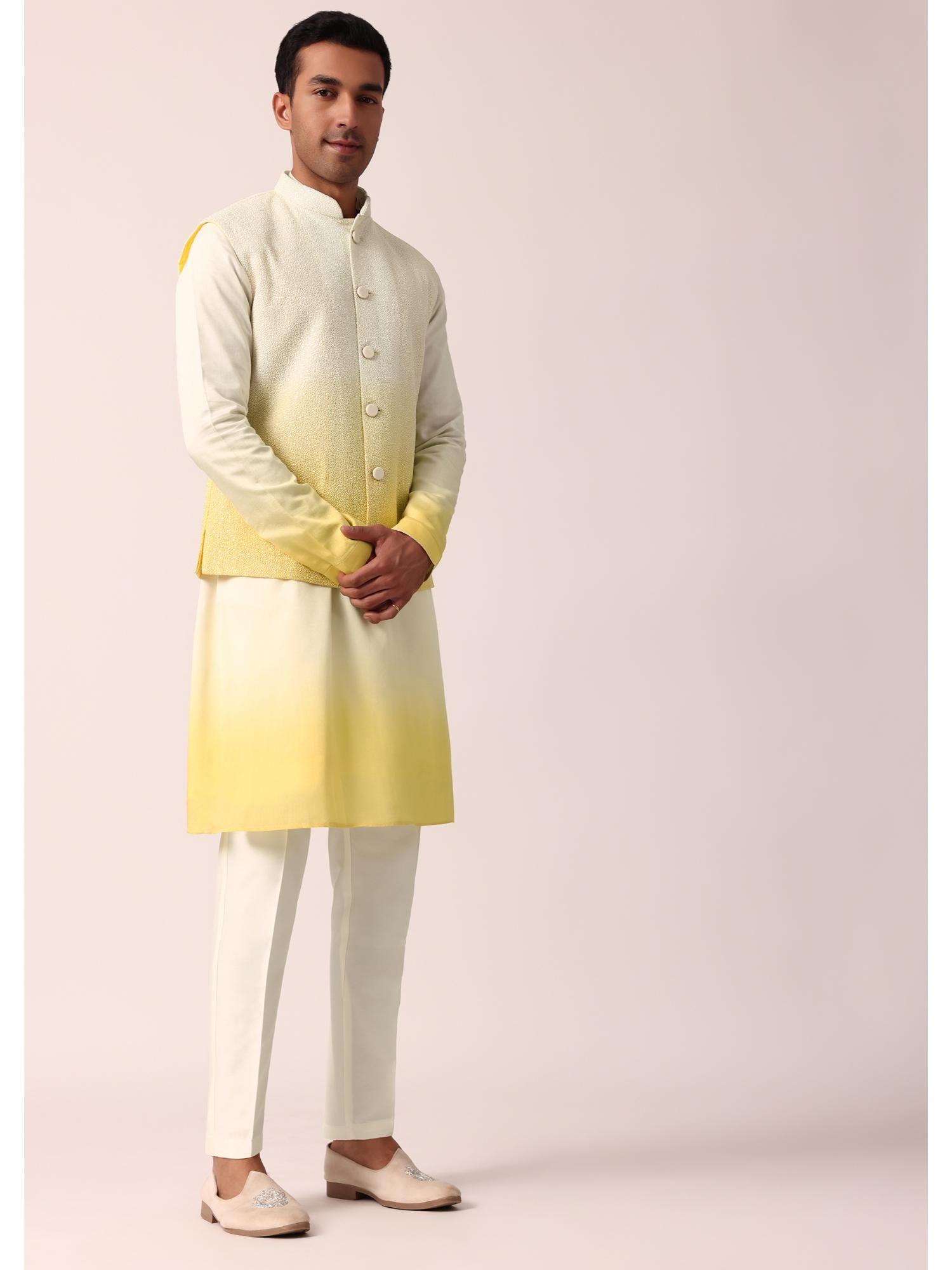 vibrant yellow silk kurta with jacket and pant for men (set of 3)