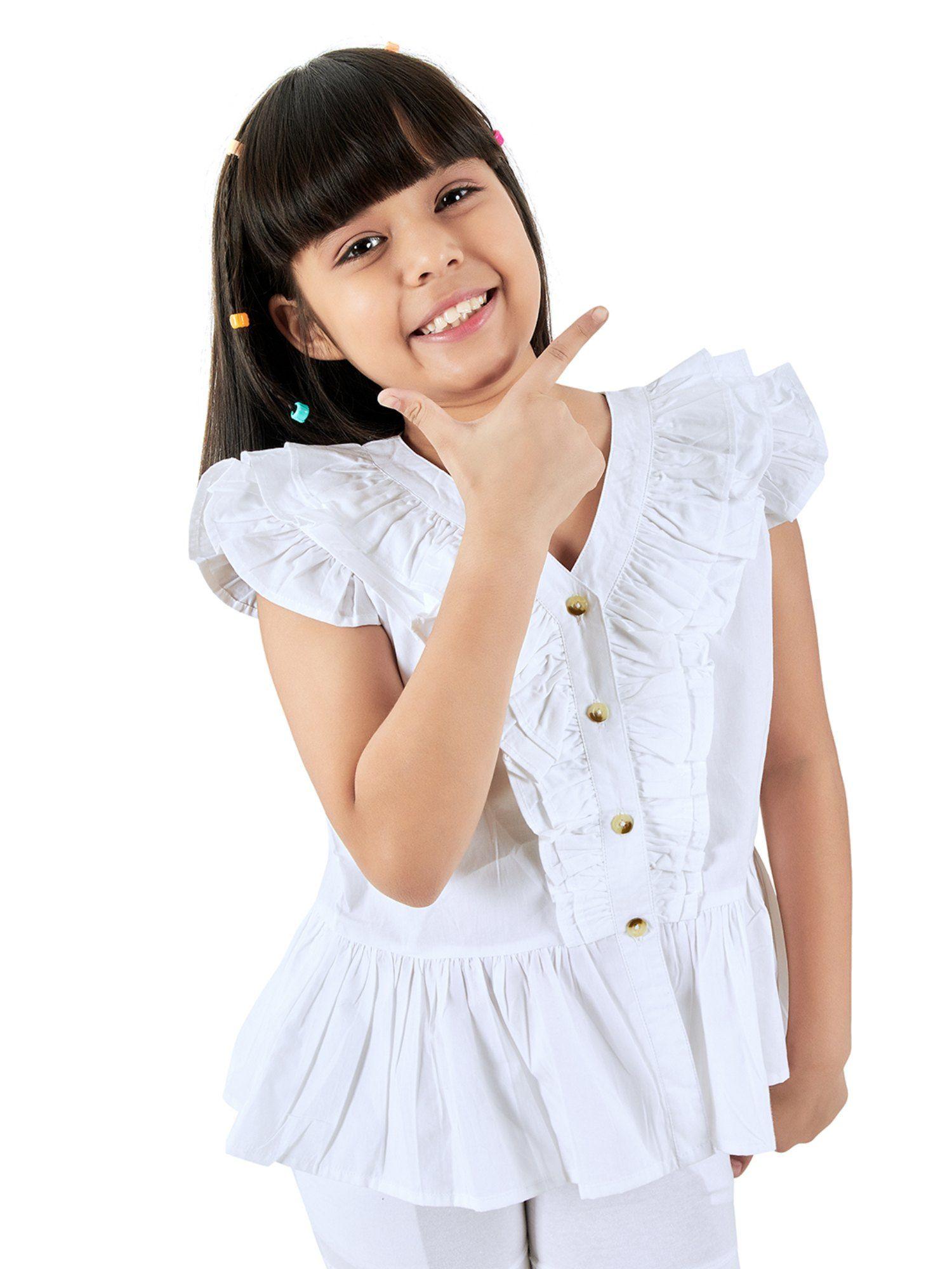 victoria ruffle cotton solid short sleeves tops - white