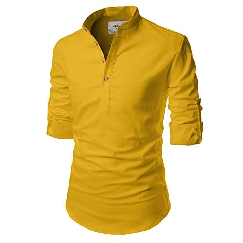 vida loca full sleeve mandarin collor cotton casual slim fit shirt for men's (yellow, 40)