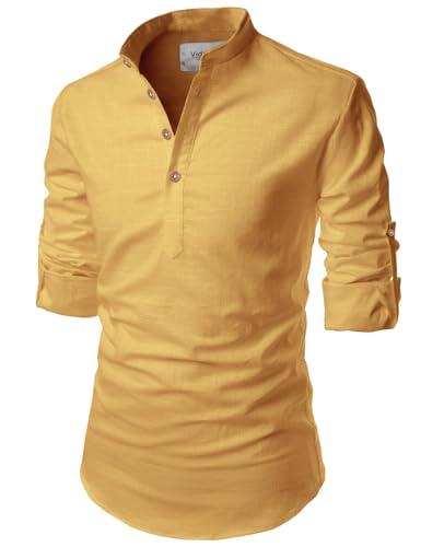 vida loca men solid cotton blend straight kurta shirt (large, light yellow)