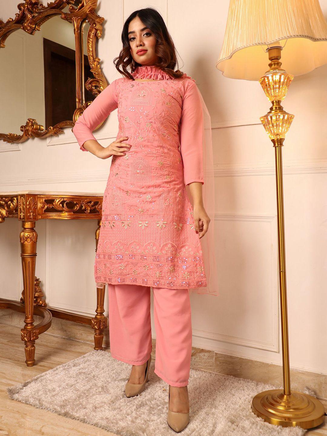 vidraa western store floral embroidered silk chiffon kurta with trousers & dupatta