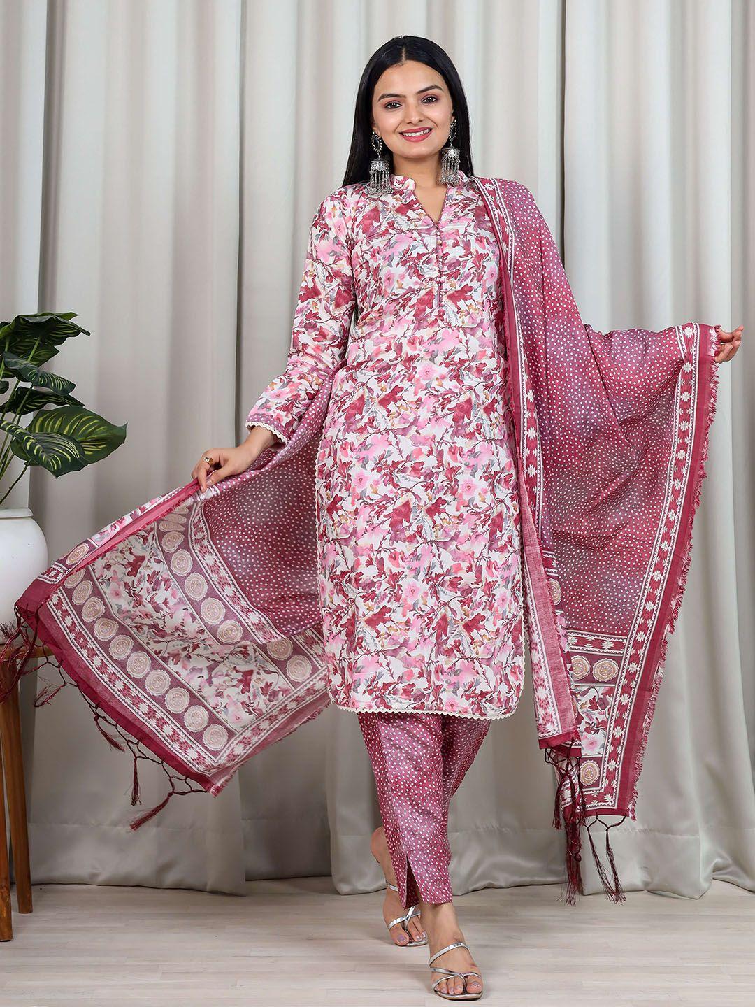 vidraa western store floral printed chanderi cotton kurta & trousers with dupatta