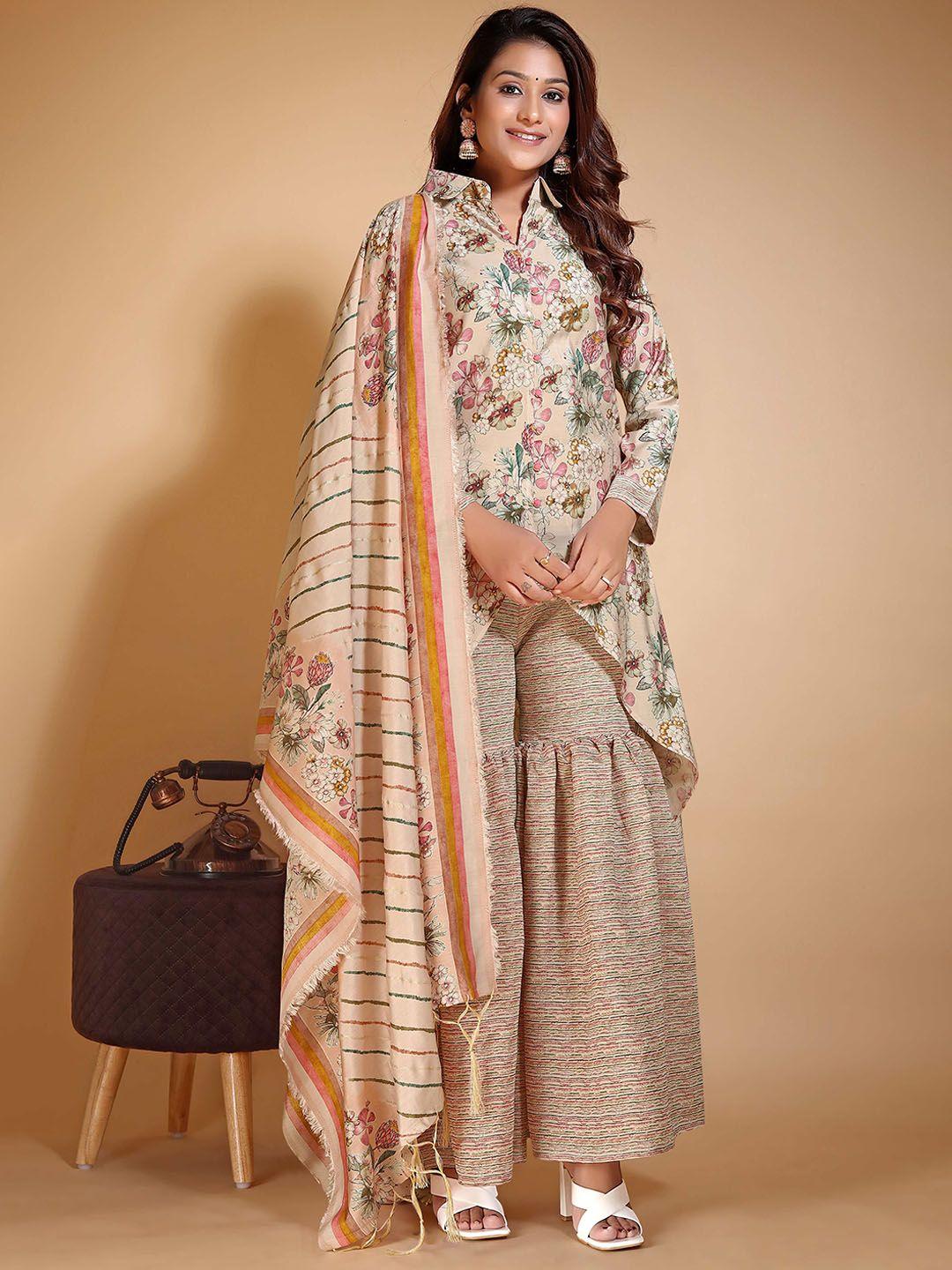 vidraa western store floral printed chanderi cotton kurti with trousers & dupatta