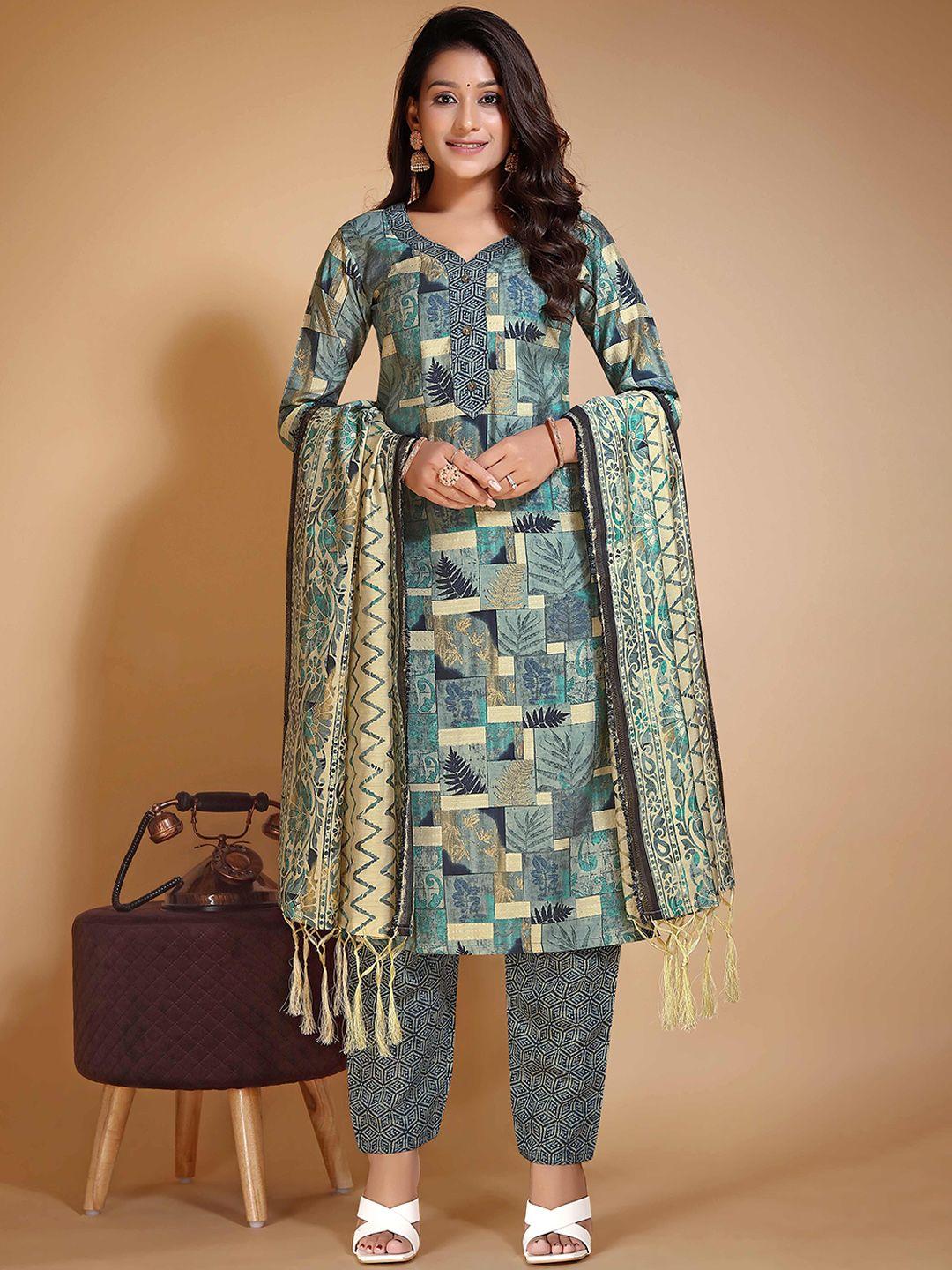 vidraa western store geometric printed chanderi cotton kurta trousers & with dupatta