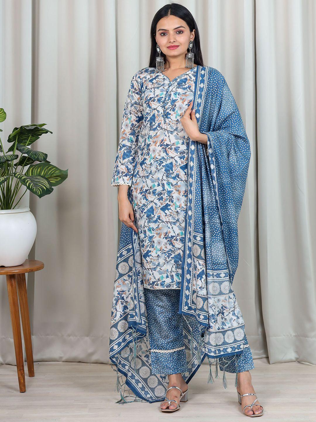vidraa western store women blue floral printed regular chanderi cotton kurti with trousers & with dupatta