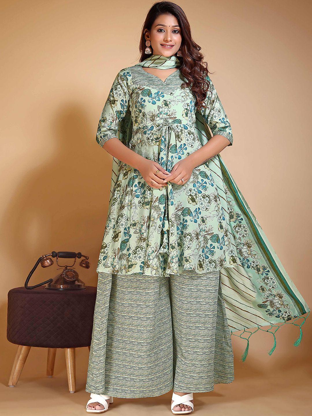 vidraa western store women green floral printed empire chanderi cotton kurti with palazzos & with dupatta