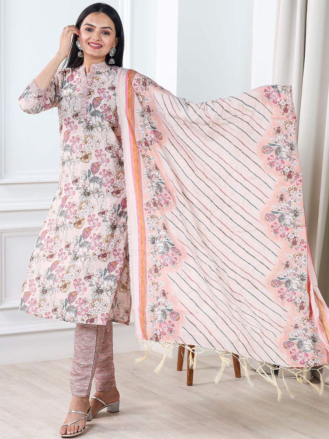 vidraa western store women pink floral printed regular chanderi cotton kurta with trousers & with dupatta