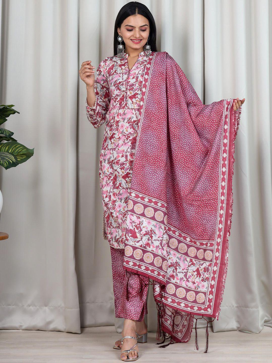 vidraa western store women pink floral printed regular chanderi cotton kurta with trousers & with dupatta