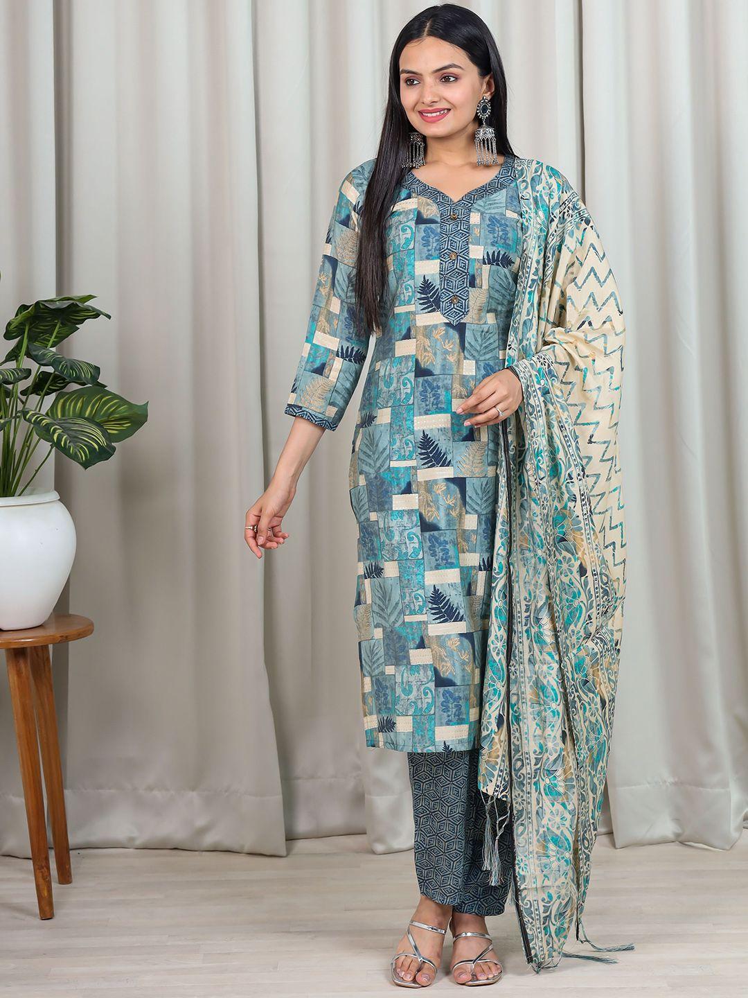 vidraa western store women turquoise blue floral printed regular chanderi cotton kurta with trousers & with