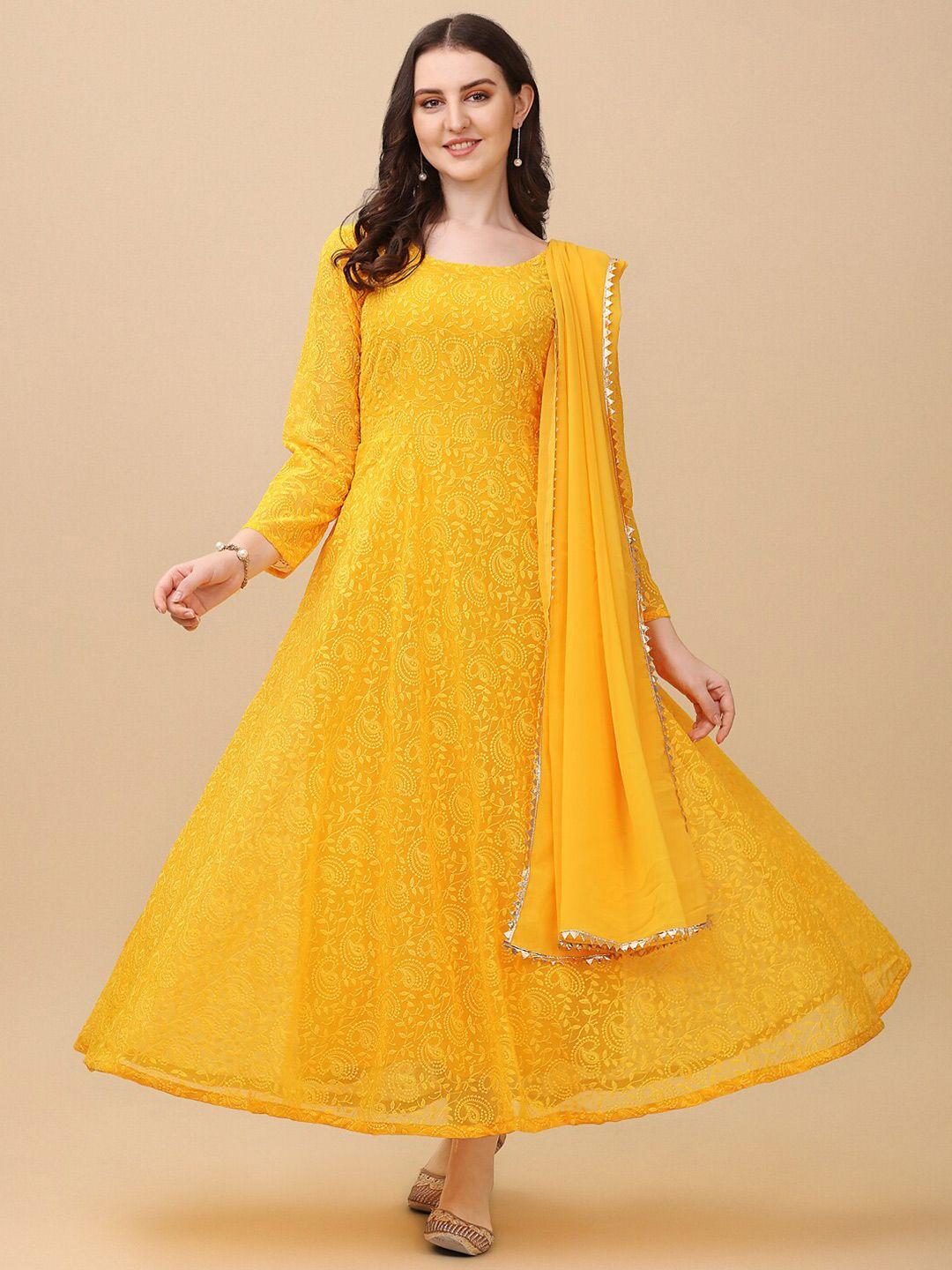 vidraa western store yellow ethnic motifs embroidered georgette maxi dress