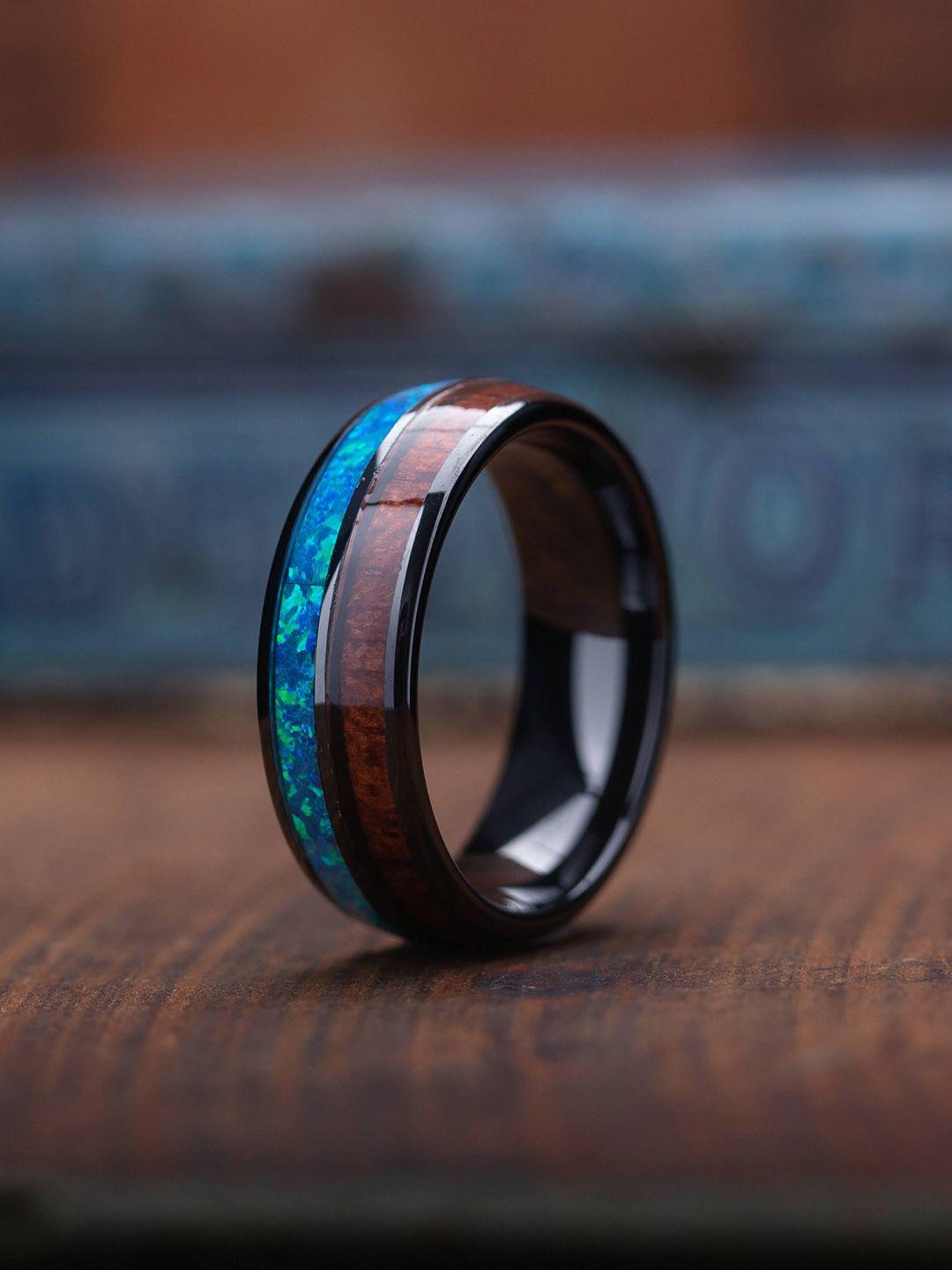 vien unisex tungsten inlaid opal hawaiian koa wood high polished finger ring