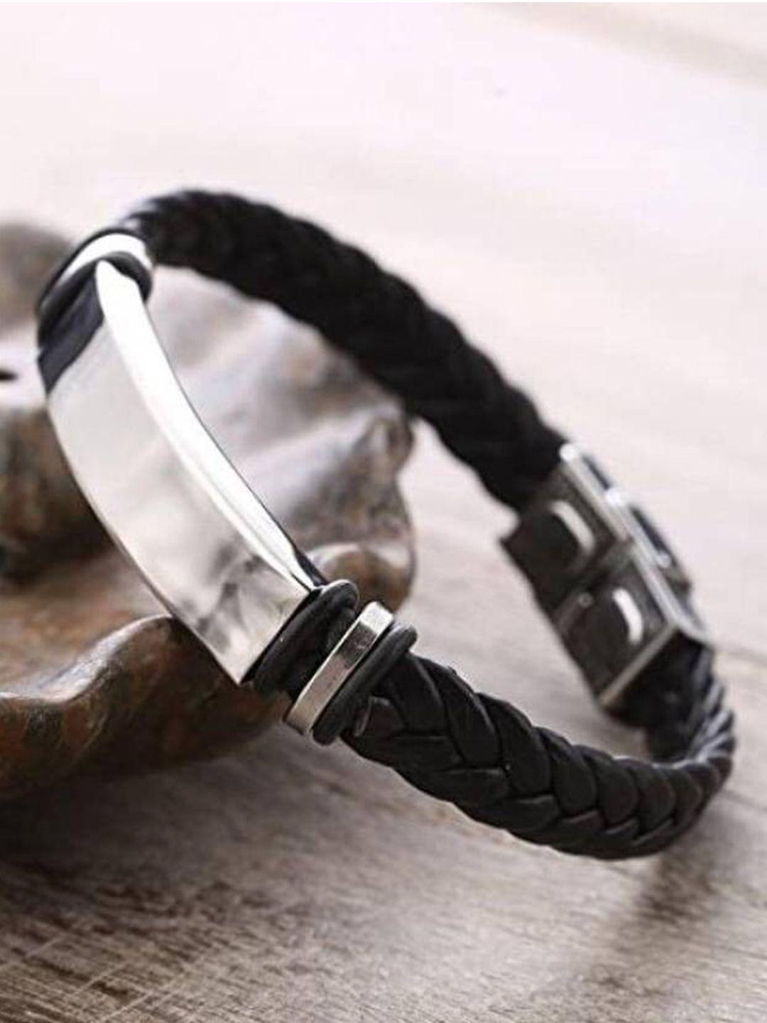 vien unisex black & silver-toned leather link bracelet