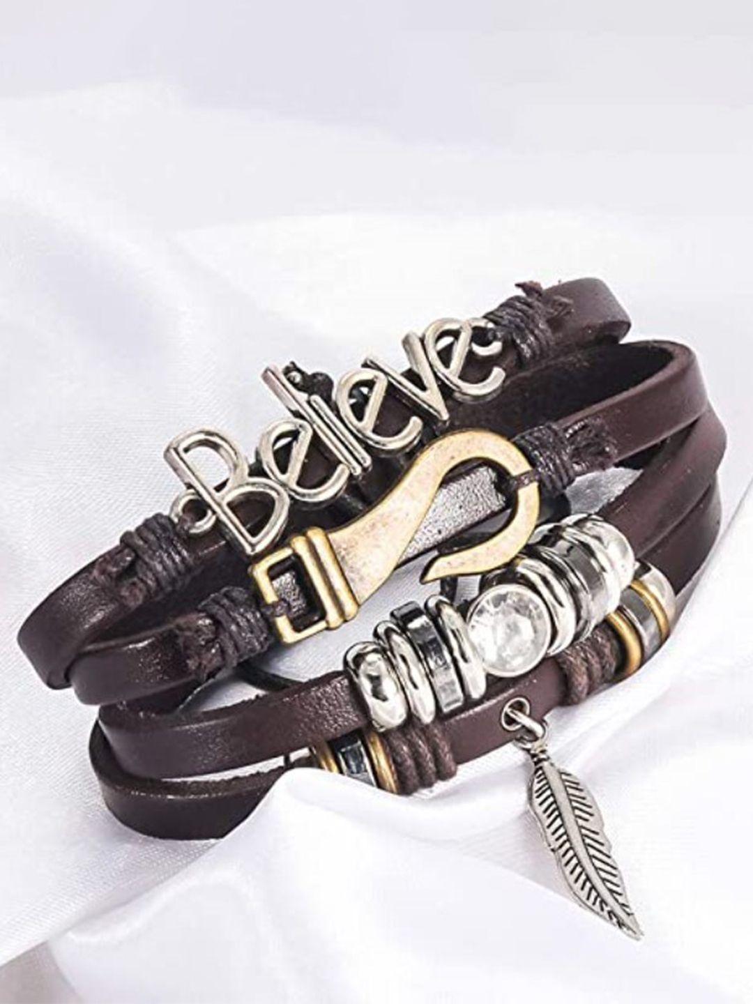 vien unisex brown & silver-toned leather multistrand bracelet