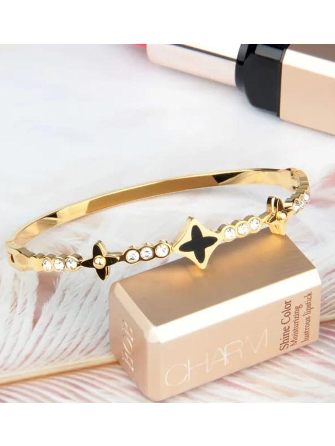 vien women gold-toned & black cubic zirconia gold-plated kada bracelet