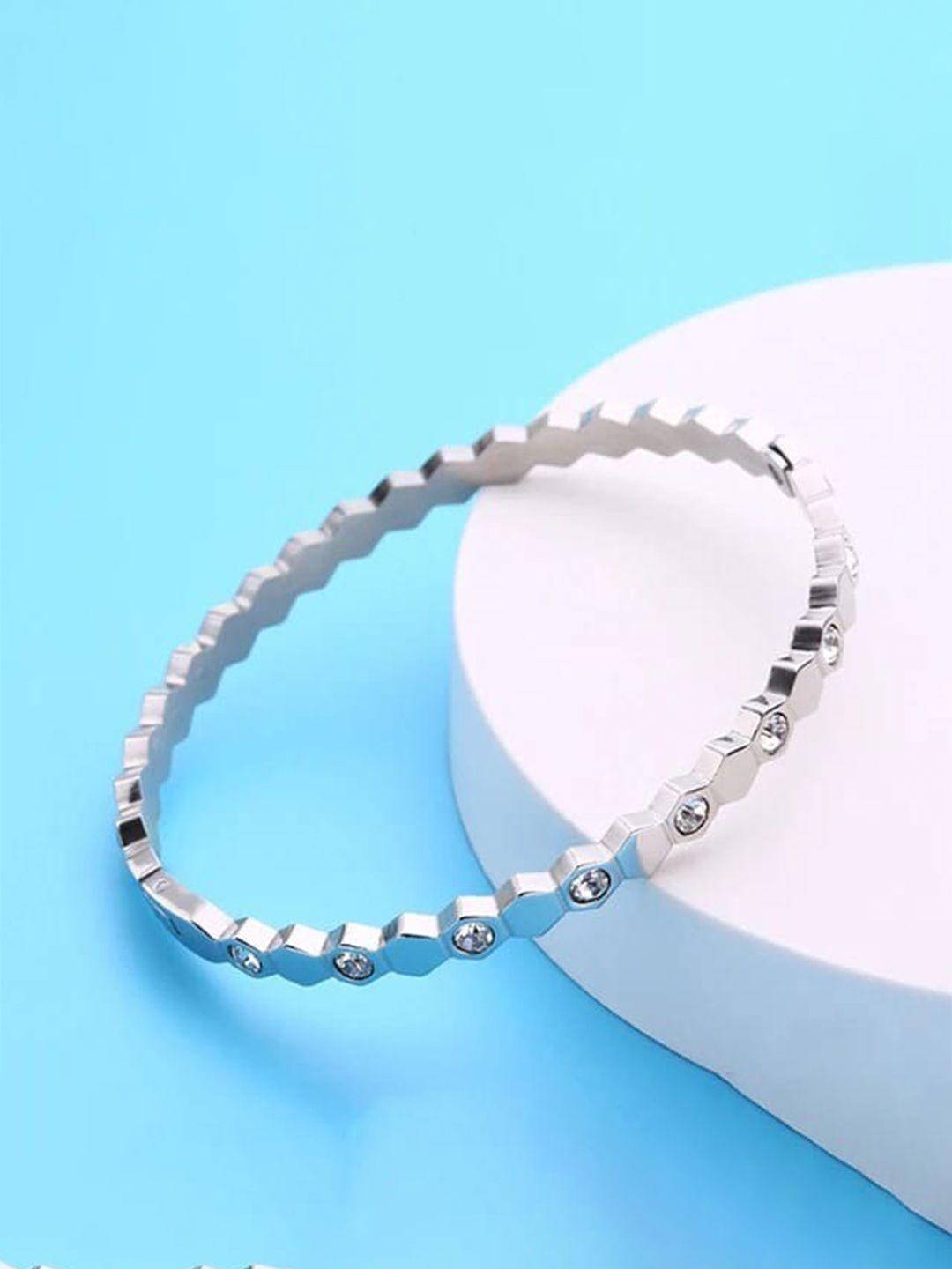 vien women silver-toned cubic zirconia silver-plated kada bracelet