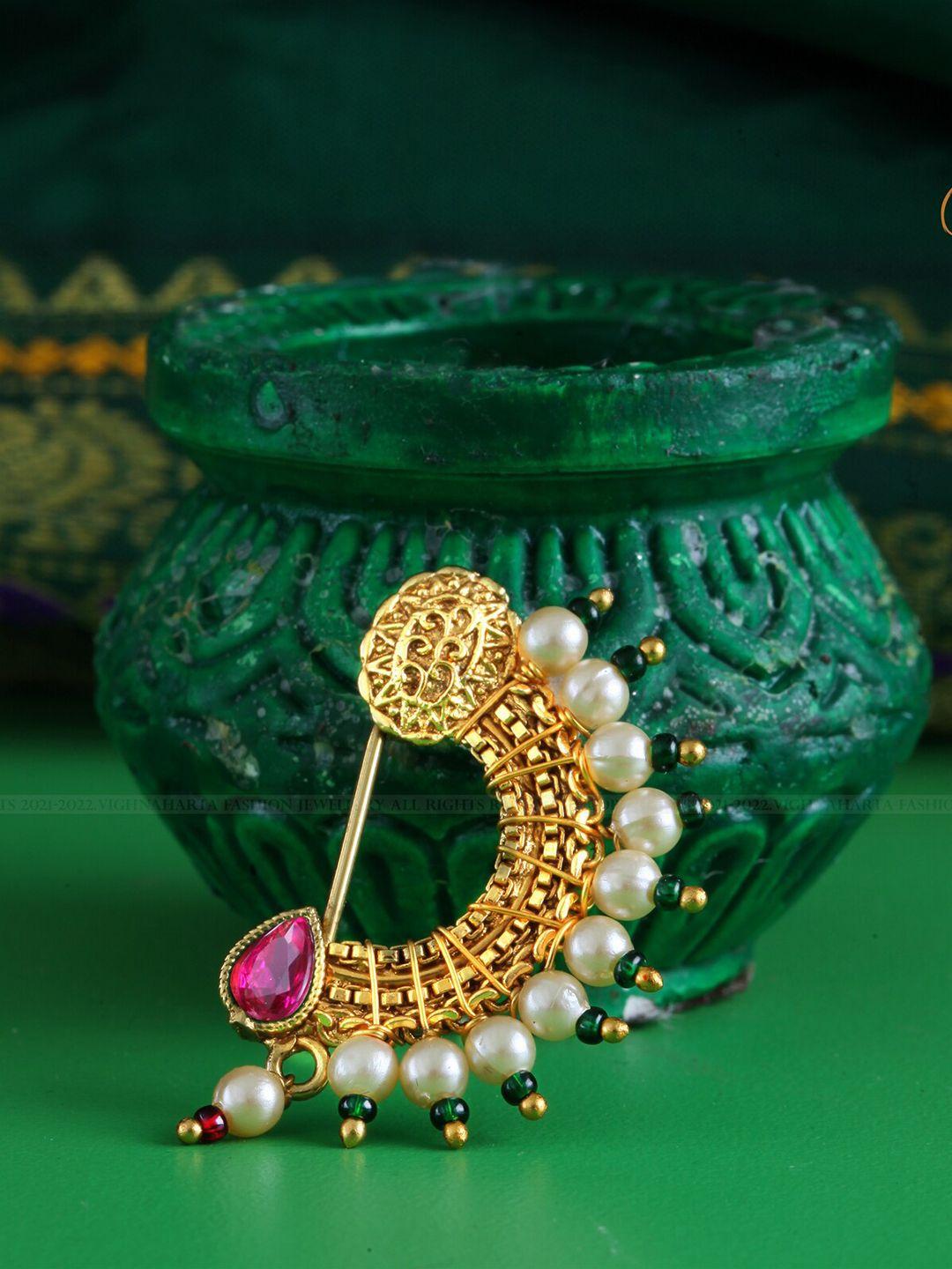 vighnaharta gold-plated artificial stones & pearl studded nosepin