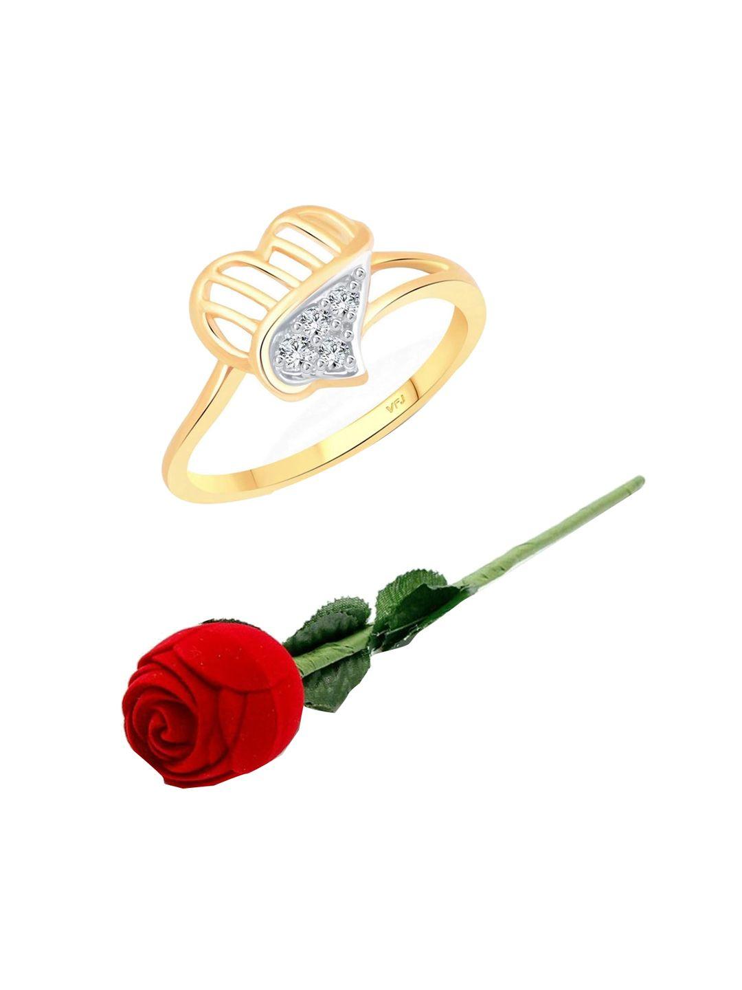 vighnaharta gold-plated cubic zirconia-stone studded heart design finger ring & rose box