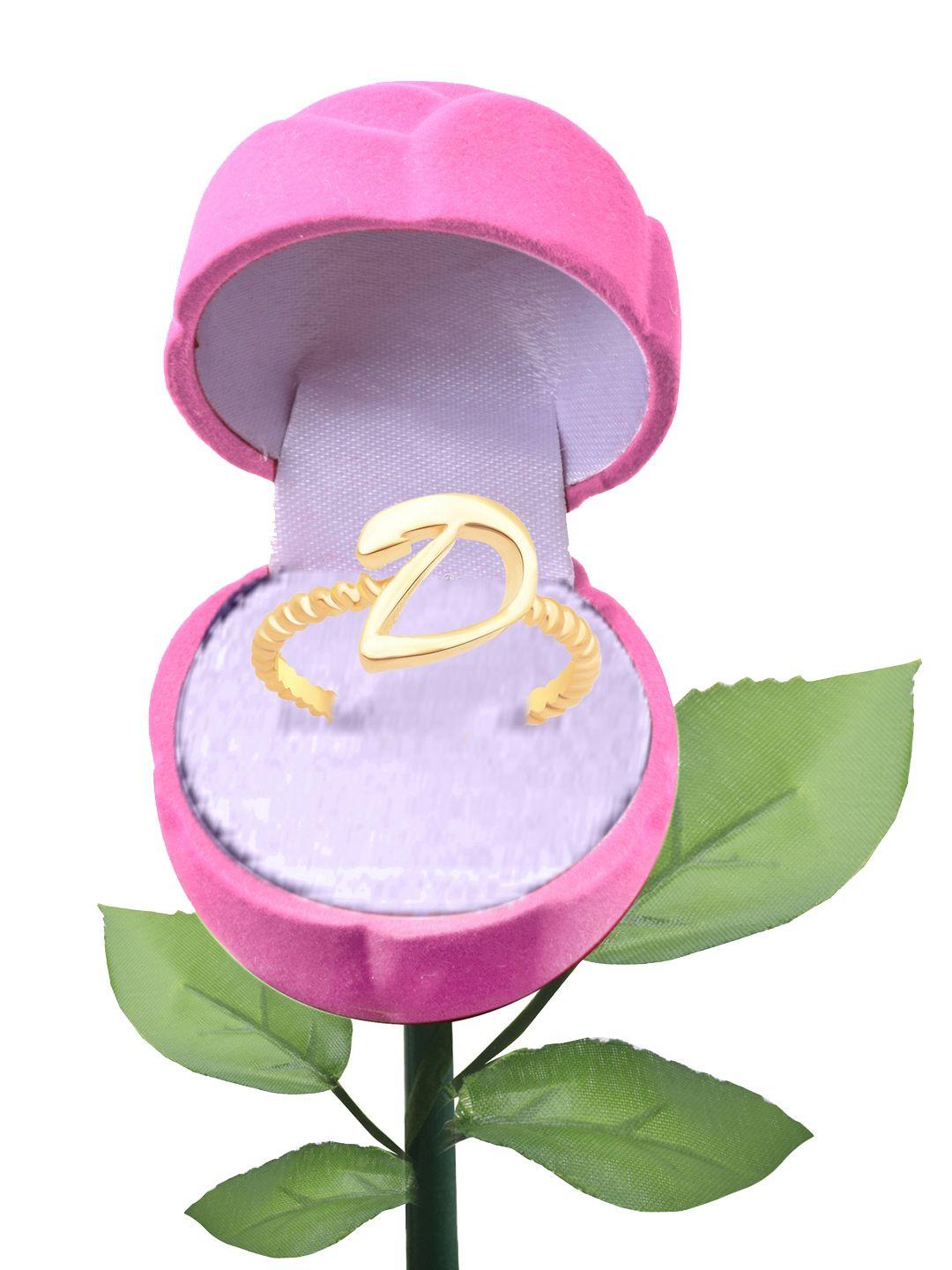 vighnaharta gold-plated d letter finger ring with rose ring box