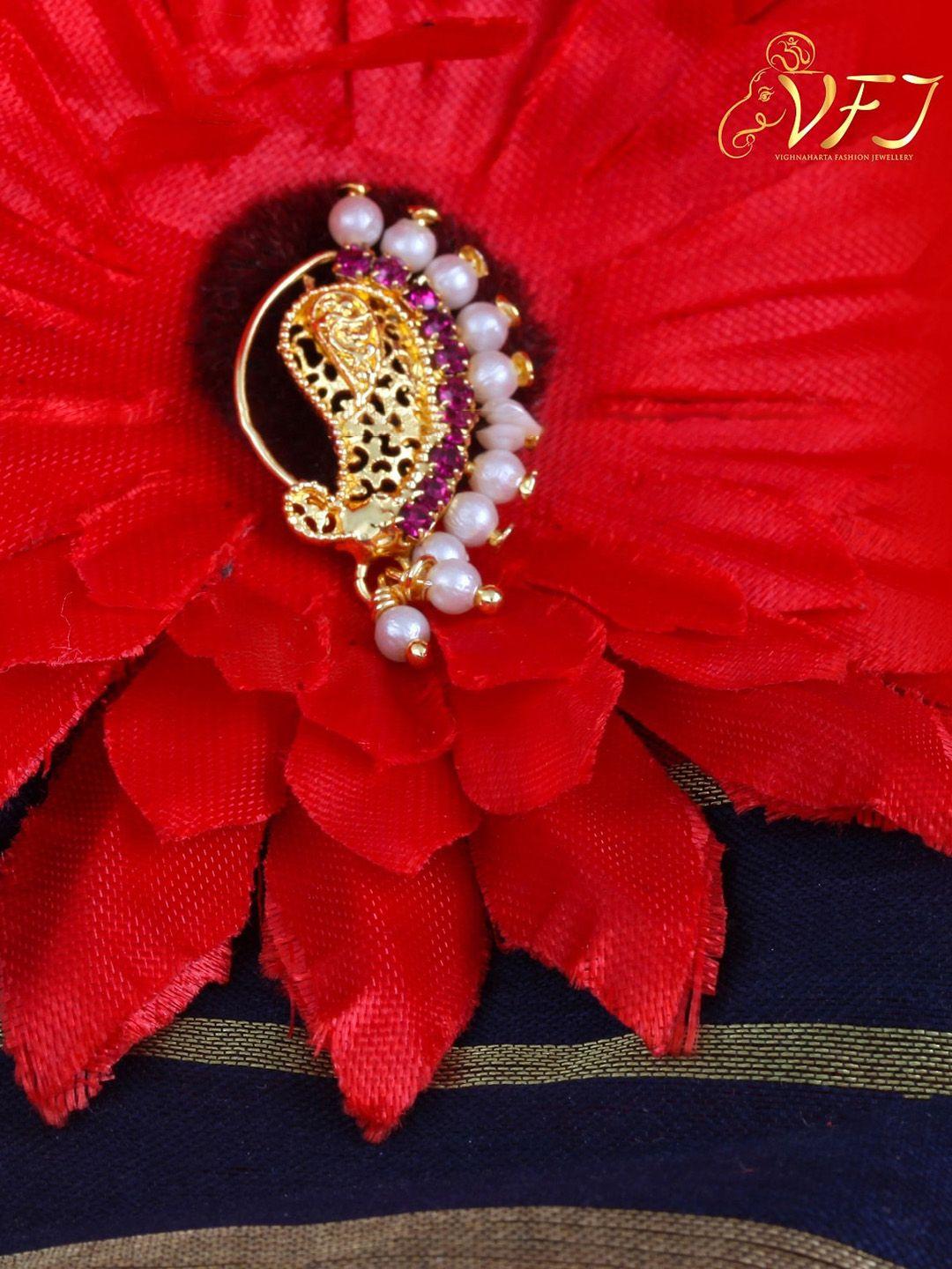 vighnaharta gold-plated red ad-stone-studded and pearls beaded nosepin
