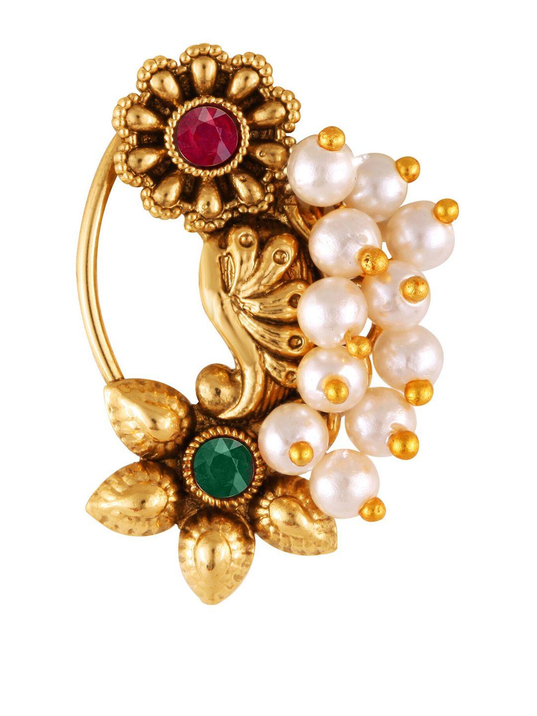 vighnaharta gold-plated stone-studded & pearl beaded nosepin