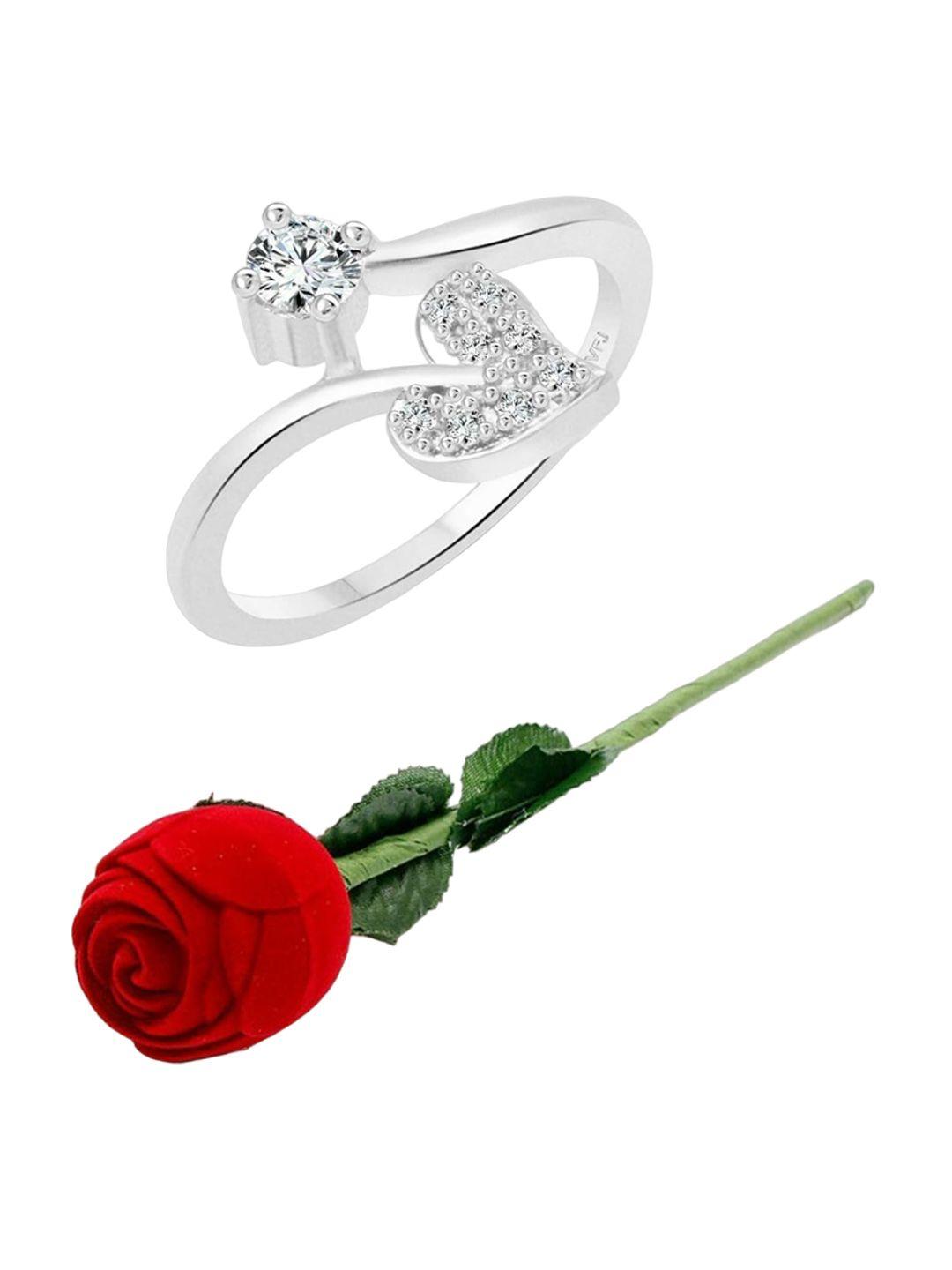vighnaharta rhodium-plated cubic zirconia-studded heart design finger ring with rose box