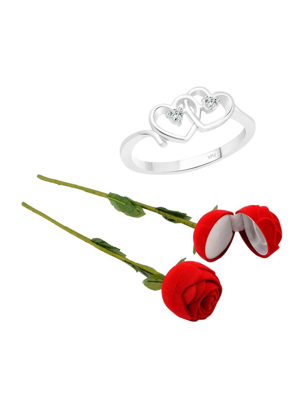 vighnaharta rhodium-plated cubic zirconia-studded heart design finger ring with rose box