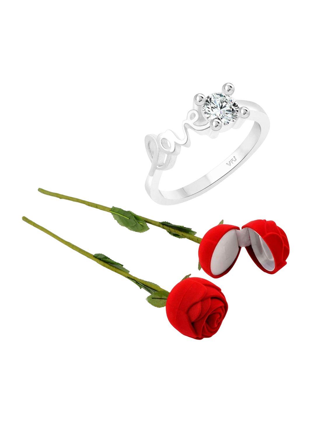 vighnaharta rhodium-plated cz-stone studded love design finger ring with rose box