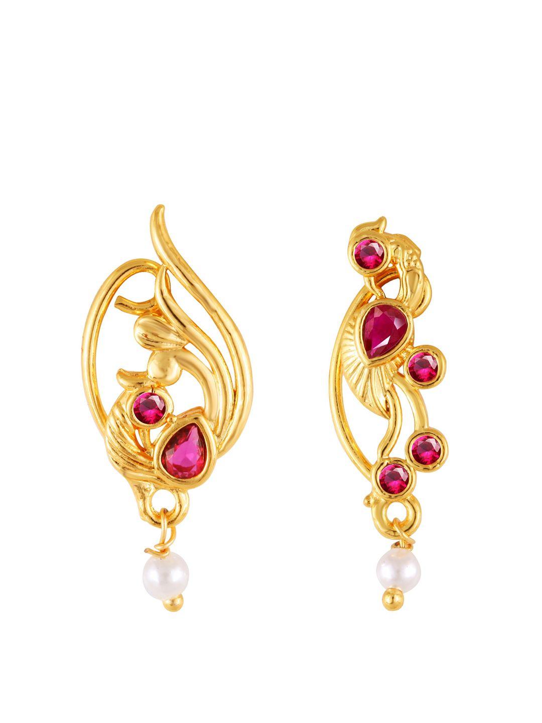 vighnaharta set of 2 gold plated stone studded & pearl beaded nosepins