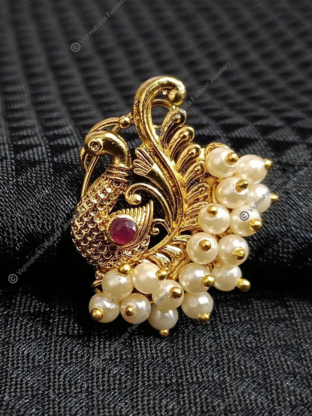 vighnaharta set of 2 gold-plated pearl beaded nosepin