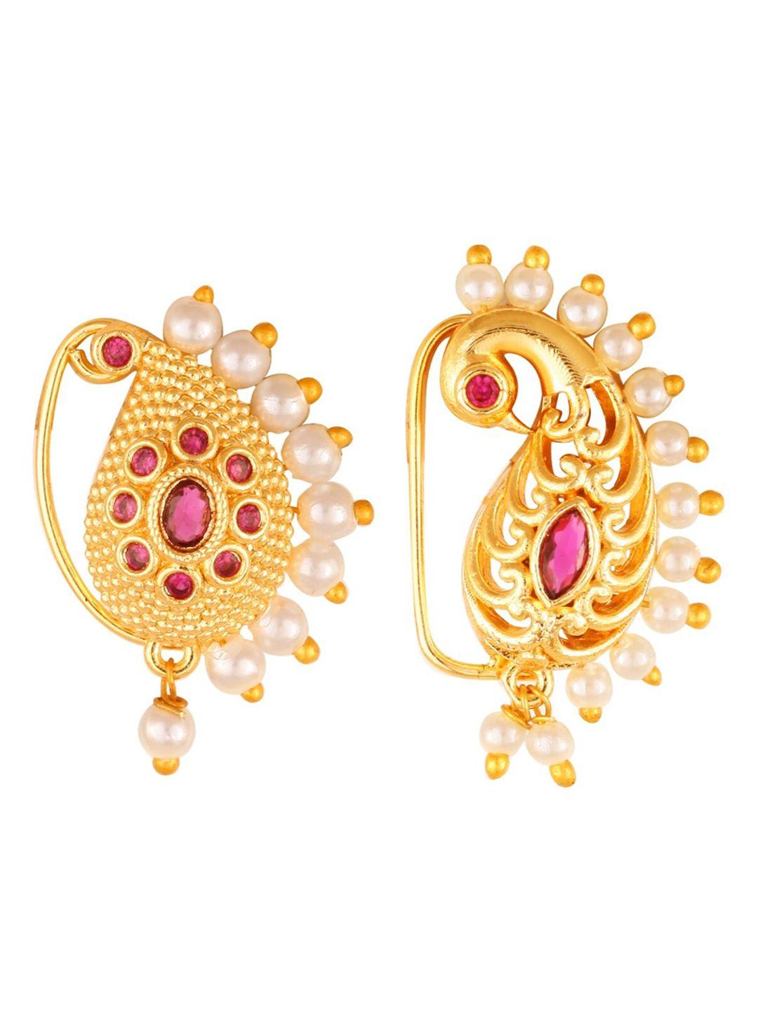 vighnaharta set of 2 gold-plated stone studded & pearl beaded nosepins