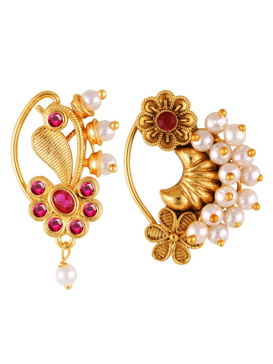 vighnaharta set of 2 gold-plated stone-studded & pearl beaded nosepins