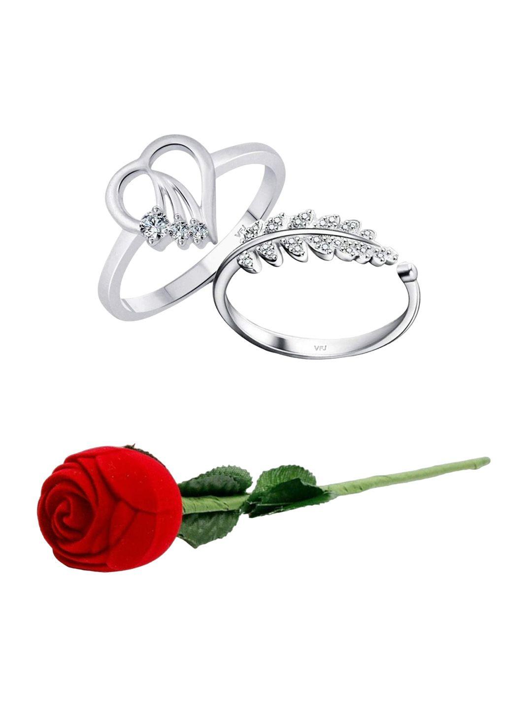 vighnaharta set of 2 rhodium-plated cz-stone studded finger ring with rose box