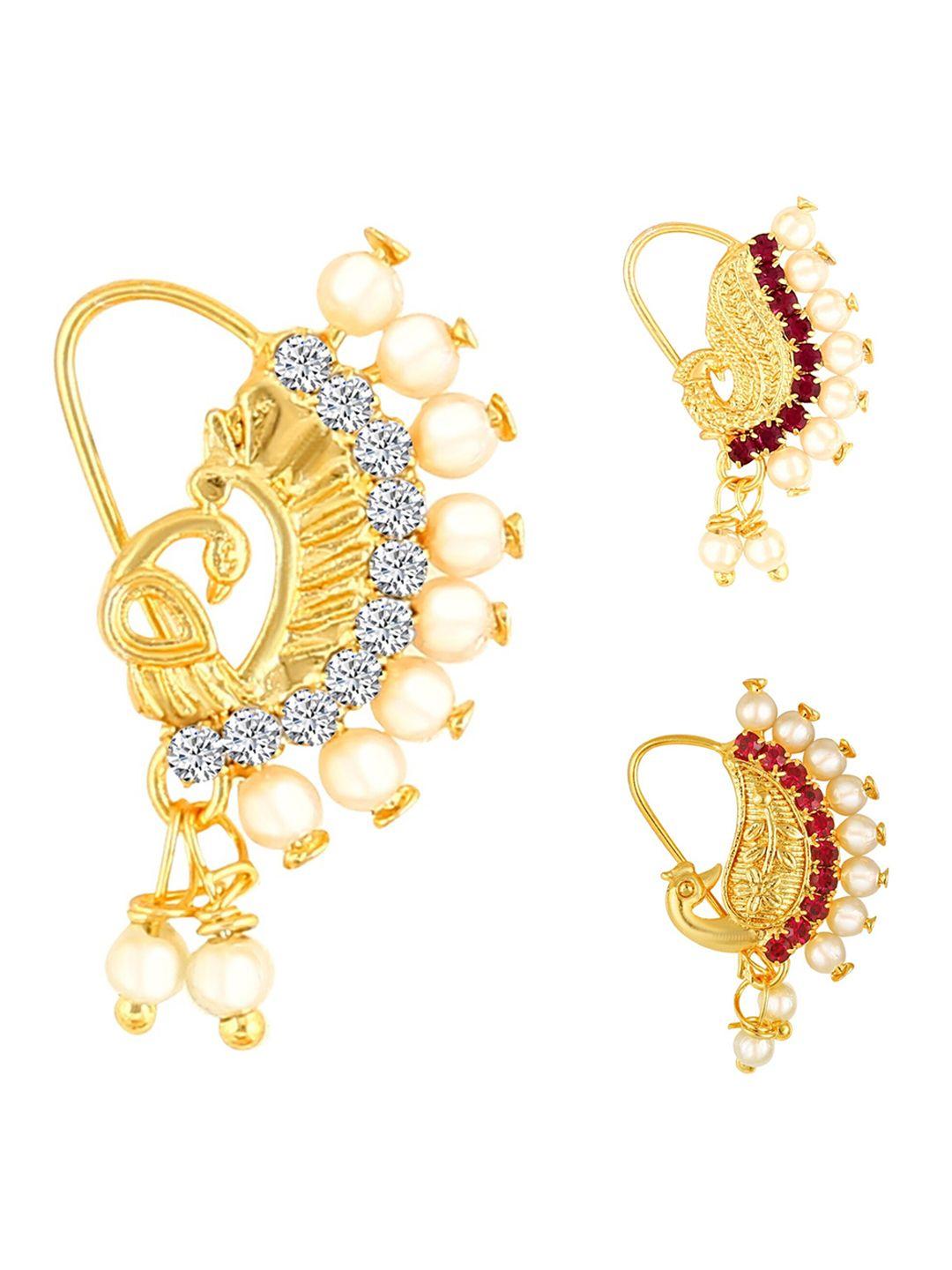 vighnaharta set of 3 gold-plated ad-studded & beaded nosepins