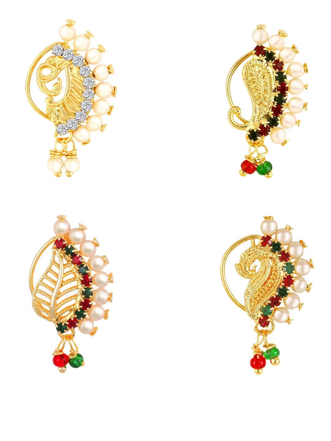 vighnaharta set of 4 gold-plated stone studded & pearl beaded nosepins