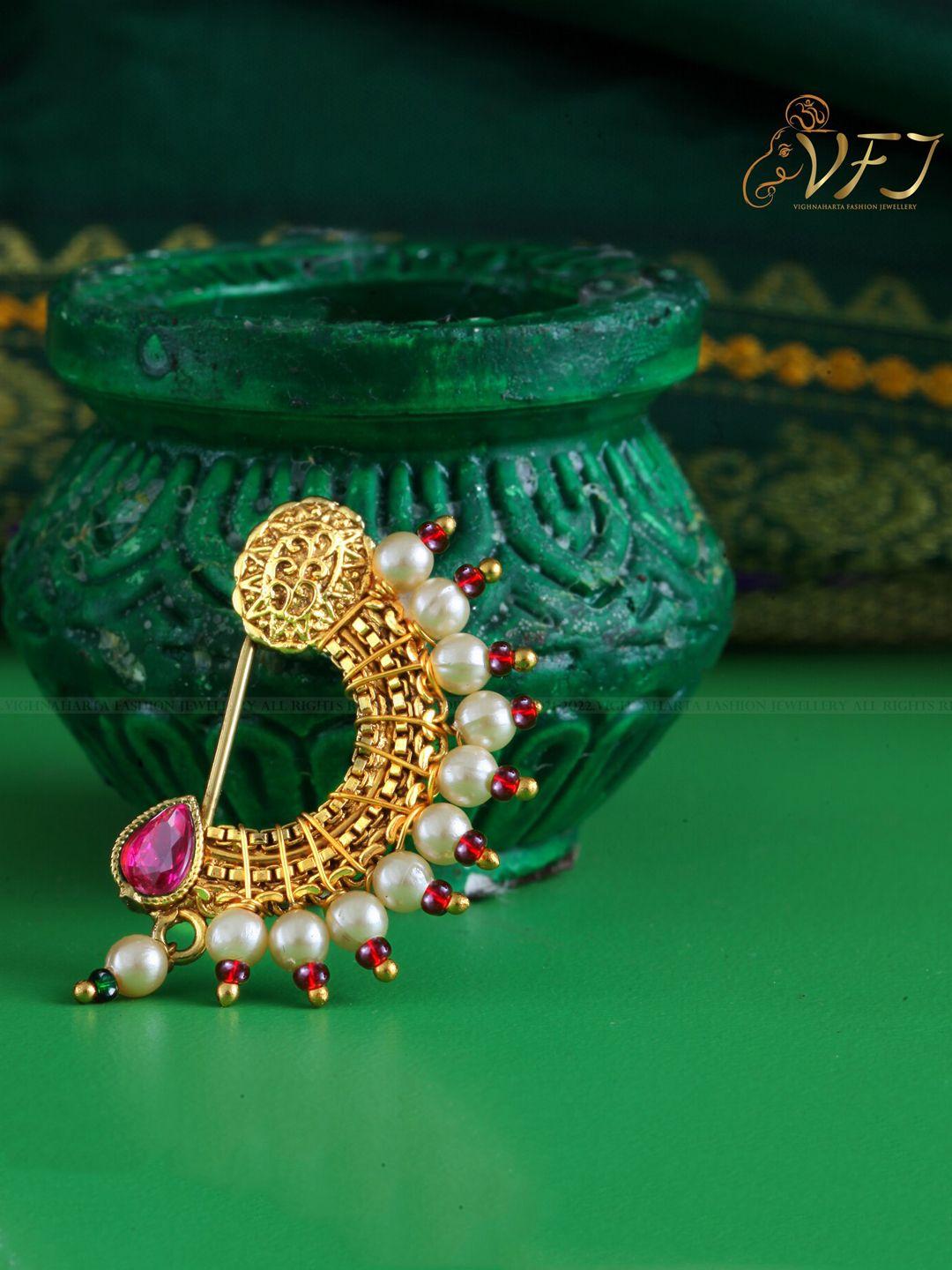 vighnaharta gold-plated artificial stones & pearl studded nosepin