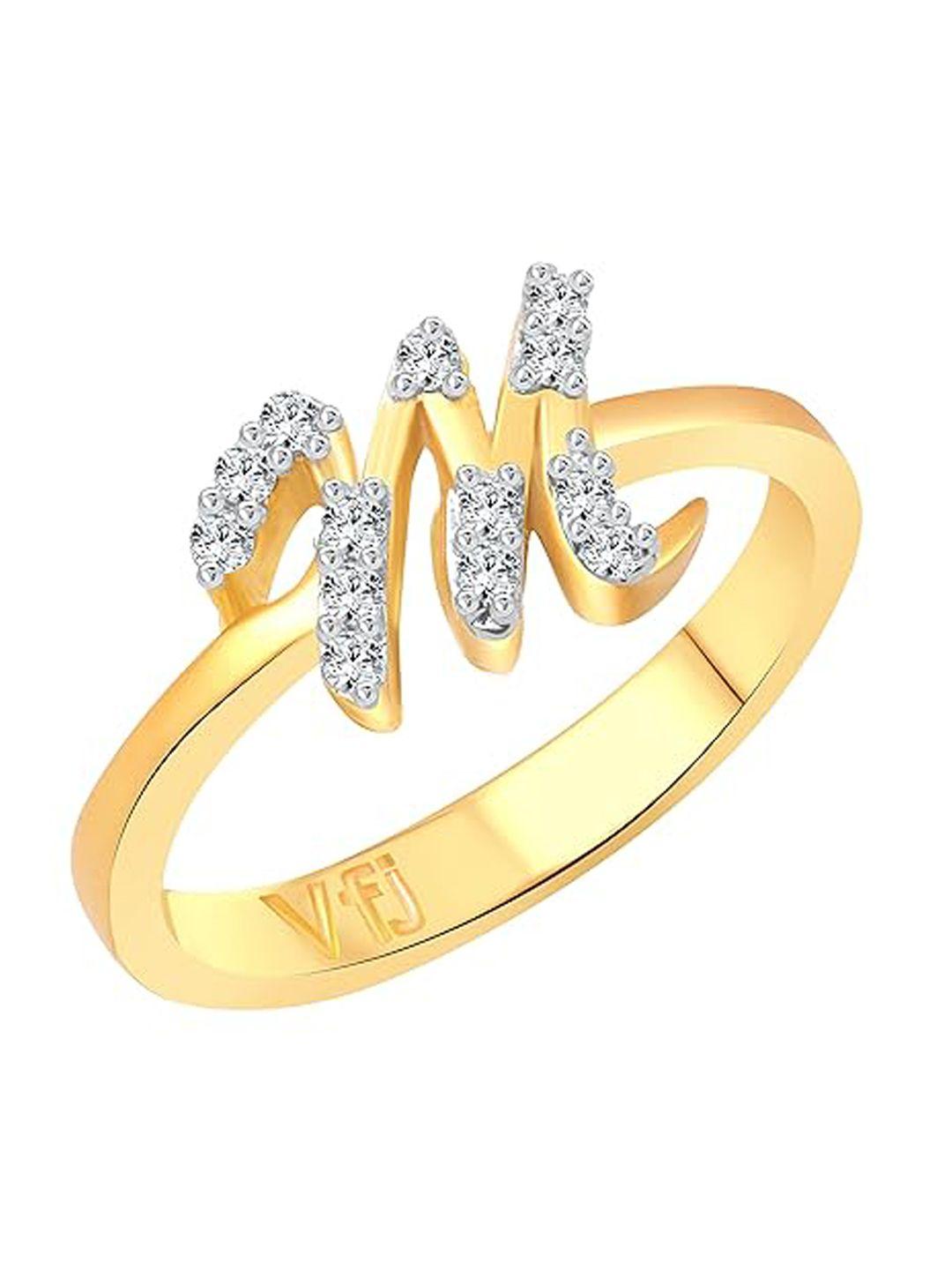 vighnaharta gold plated cubic zirconia studded alphabet m finger ring