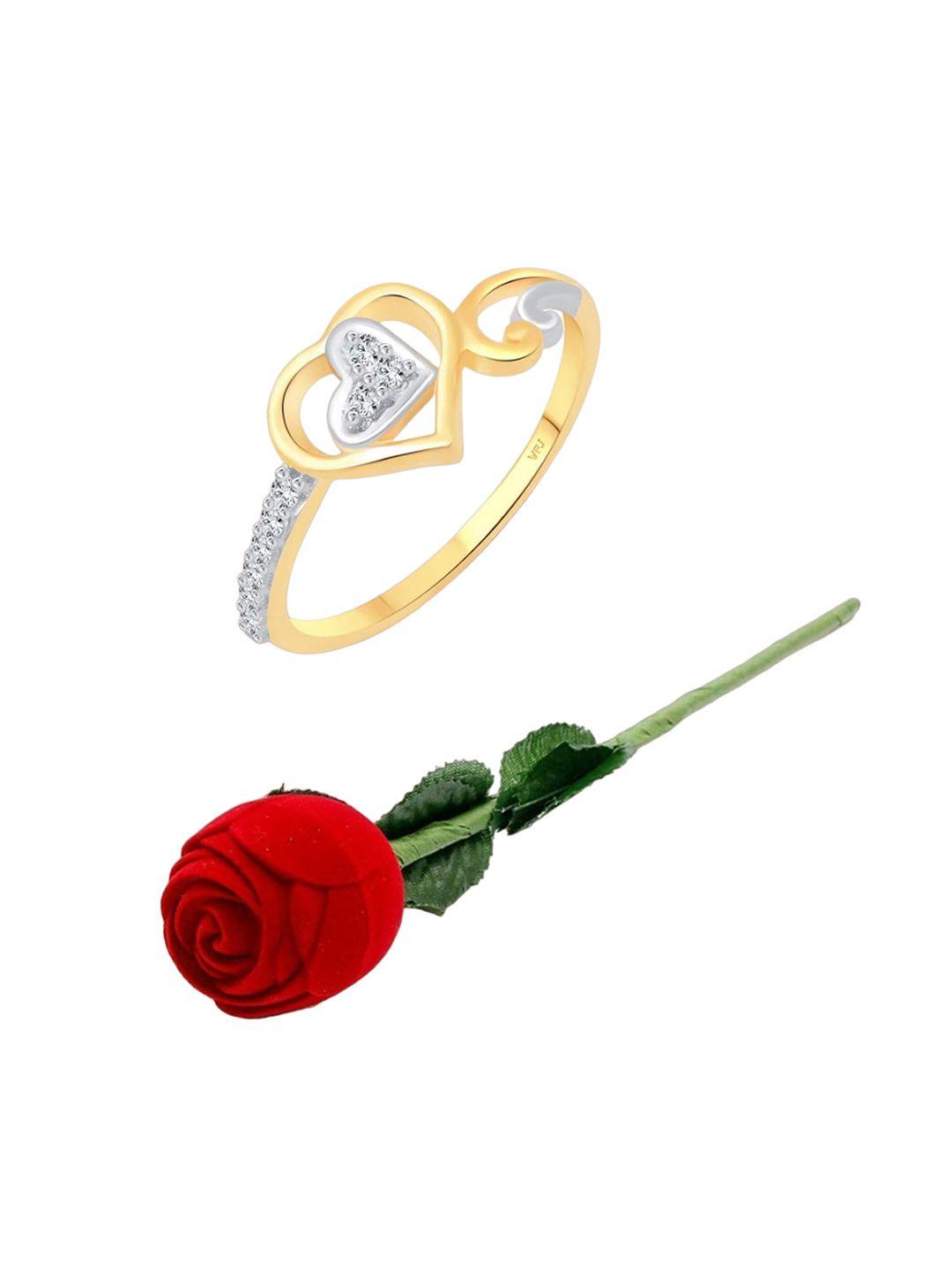vighnaharta gold-plated cz-stone studded heart design finger ring with rose box