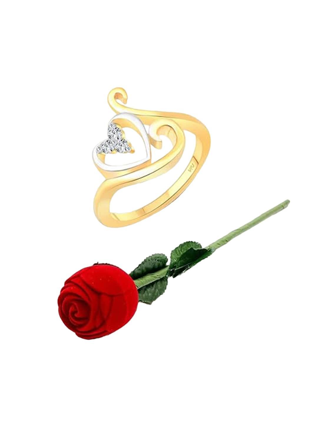 vighnaharta gold-plated cz-stone studded heart design finger ring with rose box