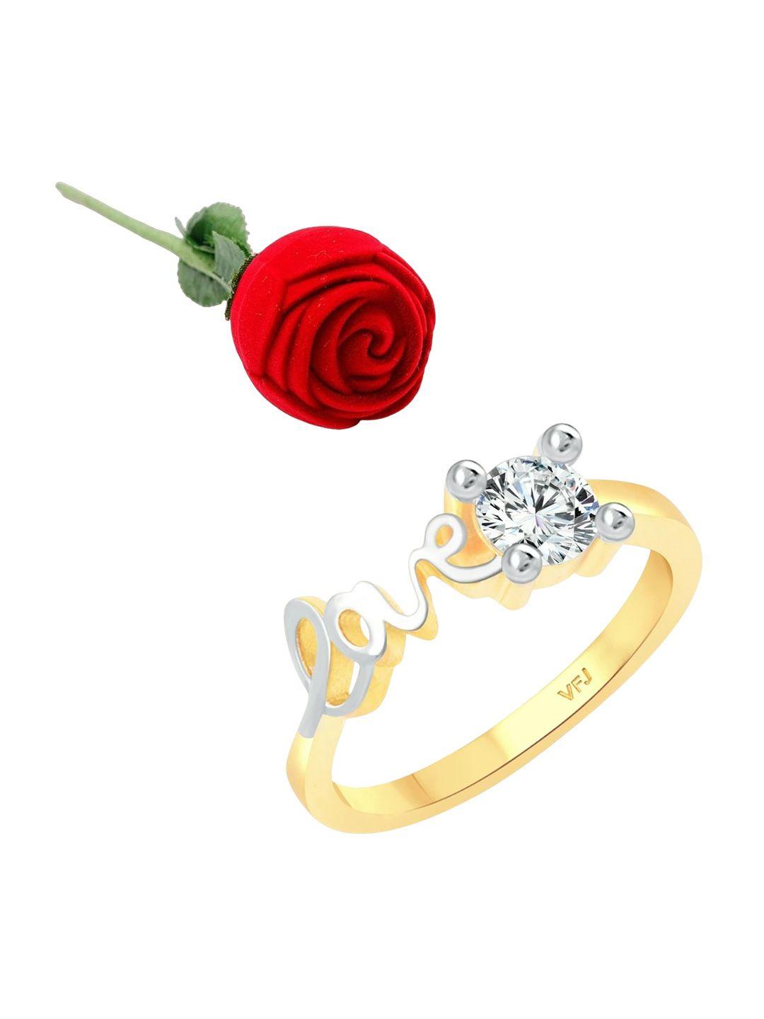 vighnaharta gold-plated cz-stone studded love design finger ring with rose box