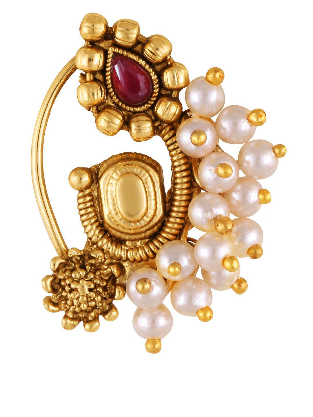 vighnaharta gold-plated stone-studded & beaded nosepin