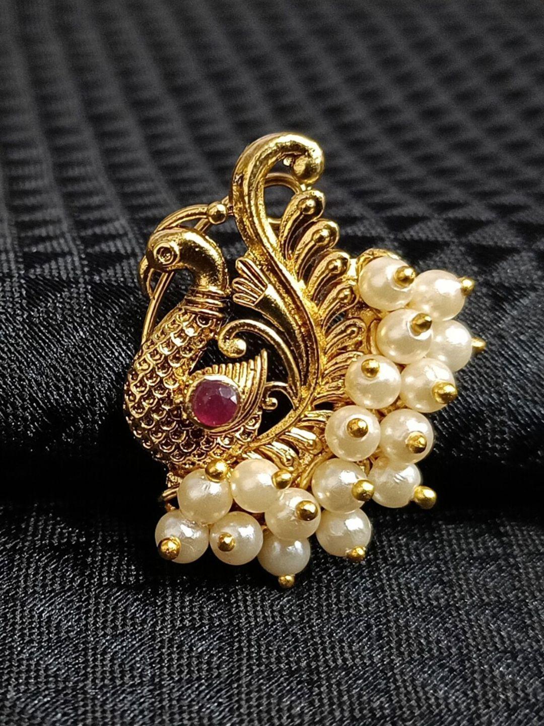 vighnaharta gold-plated stone-studded & pearl beaded nosepin