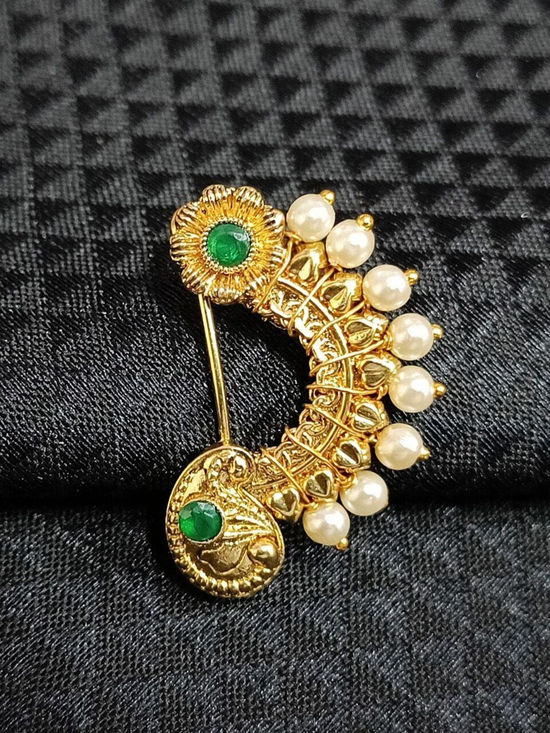 vighnaharta gold-plated stone-studded & pearl beaded nosepin