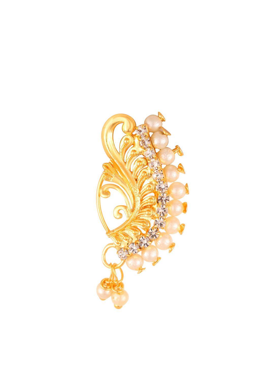 vighnaharta gold-plated stone-studded & pearl beaded nosepin